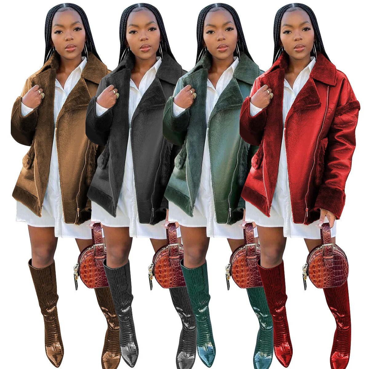 Winter Women Coats Fashion Leather Wool Patchwork Full Sleeves Turn Down Collar Zipper Female Leather Jackets Outwear Newest
Winter Women Coats Fashion Leather Wool Patchwork Full Sleeves Turn Down Collar Zipper Female Leather Jackets Outwear Newest