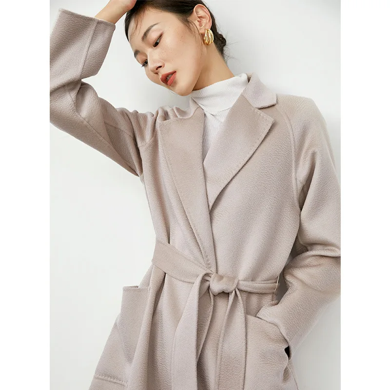 

Double Sided Cashmere Coat Women Water Ripple Fabric Woolen Coat Long Section Waist Woolen Outerwear With Sashes New Winter