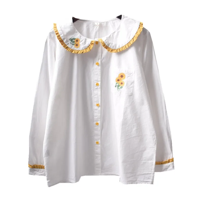 Mori Girl Autumn Women Blouse Vintage Sunflower Embroidery Ruffled Peter Pan Collar Cotton Long Sleeve White Shirt Top
Mori Girl Autumn Women Blouse Vintage Sunflower Embroidery Ruffled Peter Pan Collar Cotton Long Sleeve White Shirt Top