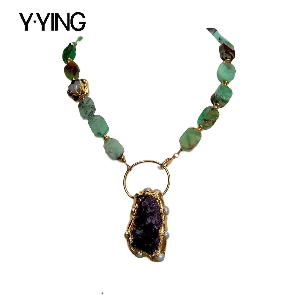 Y.YING Natural Green Chrysoprases choker Necklace Purple Amethysts Cluster Pendant 18.5"
Y.YING Natural Green Chrysoprases choker Necklace Purple Amethysts Cluster Pendant 18.5"