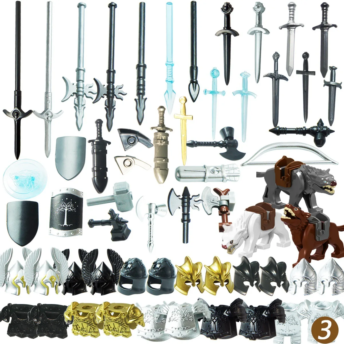56pcs/63pcs/79pcs Mediaeval Weapon Armor Bag Bow Arrow Wolf Horse Accessories MOC Guard Helmet Army Building Blocks Bricks Toys
56pcs/63pcs/79pcs Mediaeval Weapon Armor Bag Bow Arrow Wolf Horse Accessories MOC Guard Helmet Army Building Blocks Bricks Toys
