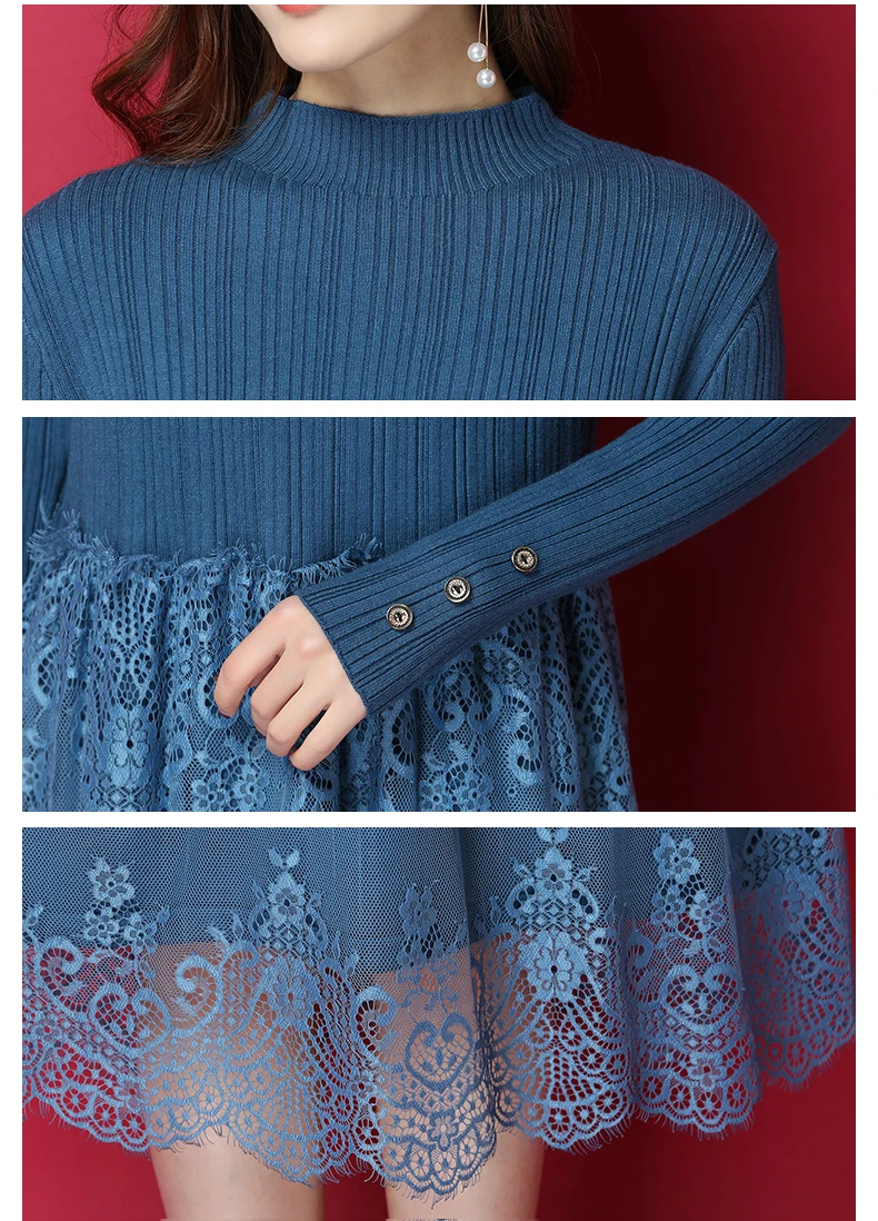 Knitted Cotton Sweater Dress Winter 2019 Women Vintage Long Sleeve Patchwork Lace Dress Half High Neck Turtleneck Long Pullovers
Knitted Cotton Sweater Dress Winter 2019 Women Vintage Long Sleeve Patchwork Lace Dress Half High Neck Turtleneck Long Pullovers