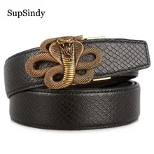SupSindy Black genuine leather mans belt Cobra metal Automatic buckle Cowhide Leather Belts for men jeans waistband male strap