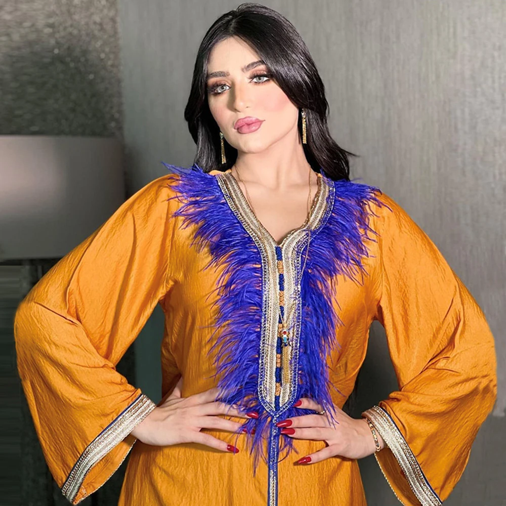 

Feathers Abaya Dubai Turkey Islam Saudi Arabic Muslim Wears For Women Hijab Long Dress Kaftan Mujer Robe Longue Femme Musulmane