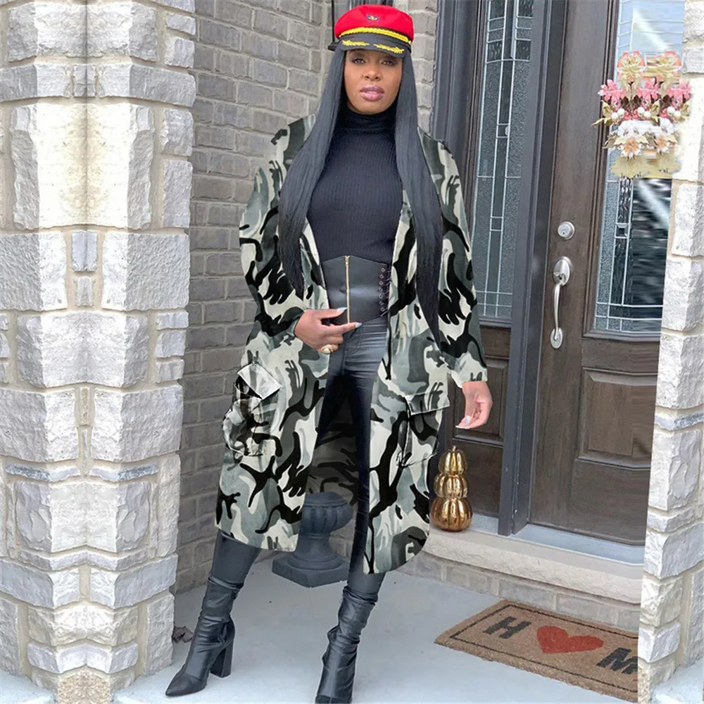 Streetwear Women Camouflage Print Lengthen Coat Fashion Pocket Jacket Fall 2020 Women Clothing 
Streetwear Women Camouflage Print Lengthen Coat Fashion Pocket Jacket Fall 2020 Women Clothing