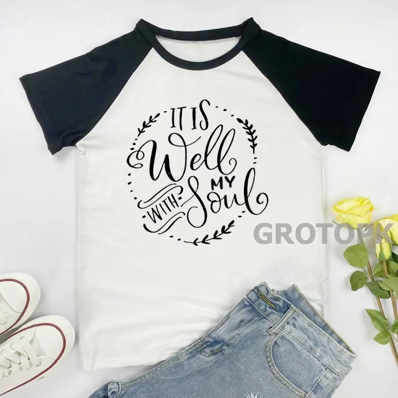 It Is Well with My Soul Faith Graphic Print Tshirt Women 2021 New Summer Fashion Tshirt Female Harajuku Aesthetic Cool Top Women
It Is Well with My Soul Faith Graphic Print Tshirt Women 2021 New Summer Fashion Tshirt Female Harajuku Aesthetic Cool Top Women