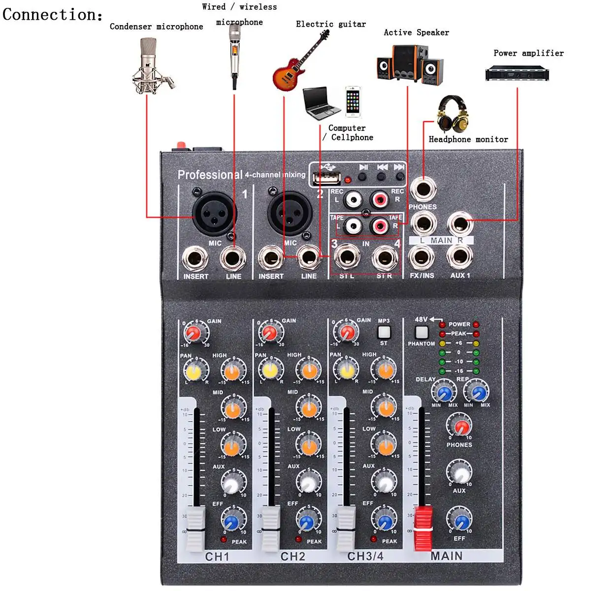 Claite Karaoke Mixer Professional 4 Channel Studio Audio Mixing Console Amplifier Digital Mini Microphone Sound Mixer Sound Card
Claite Karaoke Mixer Professional 4 Channel Studio Audio Mixing Console Amplifier Digital Mini Microphone Sound Mixer Sound Card