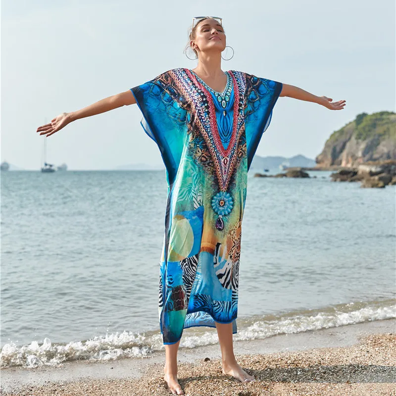 

Women Beach Cover Ups Sun Plus Size Swimwear Dress Tunic Loose Swimsuits Coverup Trendy Swimsuit Womens Long Kaftan Blue Print