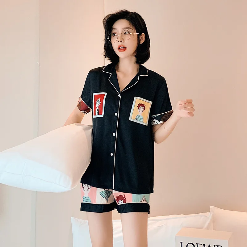 Women Print Cartoon 2PCS Satin Pajamas Set Sexy Turn-down Collar Button Sleepwear Summer M-XL Solid Nightwear Loose Home Wear
Women Print Cartoon 2PCS Satin Pajamas Set Sexy Turn-down Collar Button Sleepwear Summer M-XL Solid Nightwear Loose Home Wear