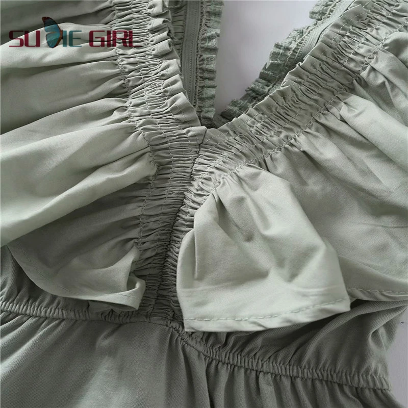 SUDIE Girl Pure color fashion all-match lotus leaf sleeve V-neck mid-length dress summer street style
SUDIE Girl Pure color fashion all-match lotus leaf sleeve V-neck mid-length dress summer street style