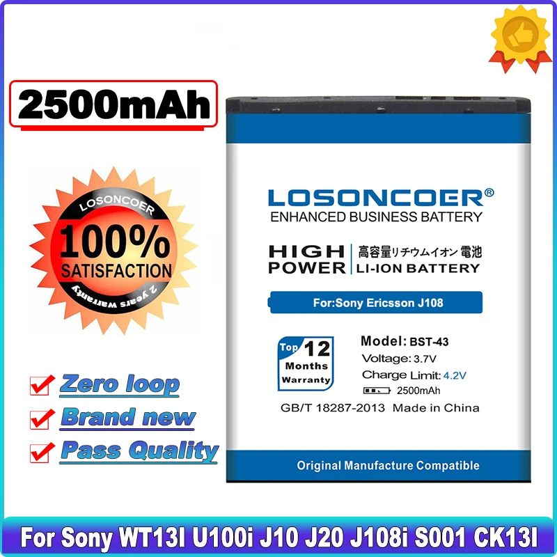 LOSONCOER 2500mAh BST-43 / BST 43 High Capacity Battery Use for J108 J10 J20 S001 U100 WT13I Yari U100i J108i etc Mobile Phones
LOSONCOER 2500mAh BST-43 / BST 43 High Capacity Battery Use for J108 J10 J20 S001 U100 WT13I Yari U100i J108i etc Mobile Phones