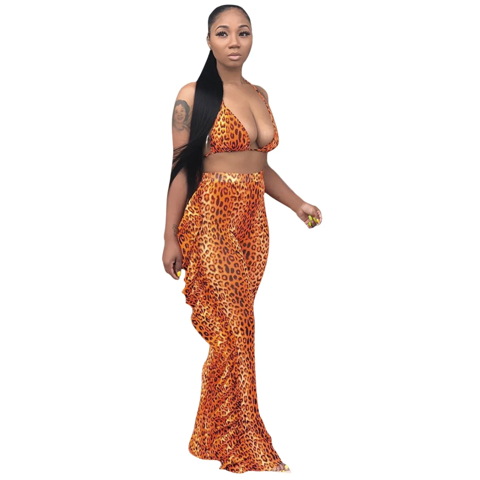 56# Leopard Print Summer Beach 3 Piece Set With Panties Women Sexy Bra Halter Crop Top Ruffle Wide Leg Pants Clubwear For Ladies
56# Leopard Print Summer Beach 3 Piece Set With Panties Women Sexy Bra Halter Crop Top Ruffle Wide Leg Pants Clubwear For Ladies