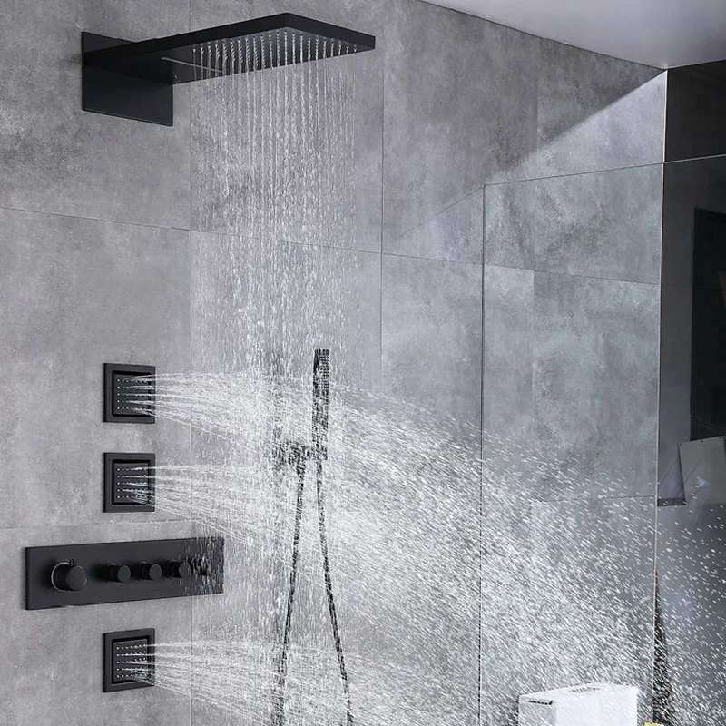 22" Shower Set Wall-mounted Black Shower Head Rain Waterfall Bathroom Mixer Faucet Thermostatic Tap SPA Jacuzzi Faucet Body Jet
22" Shower Set Wall-mounted Black Shower Head Rain Waterfall Bathroom Mixer Faucet Thermostatic Tap SPA Jacuzzi Faucet Body Jet