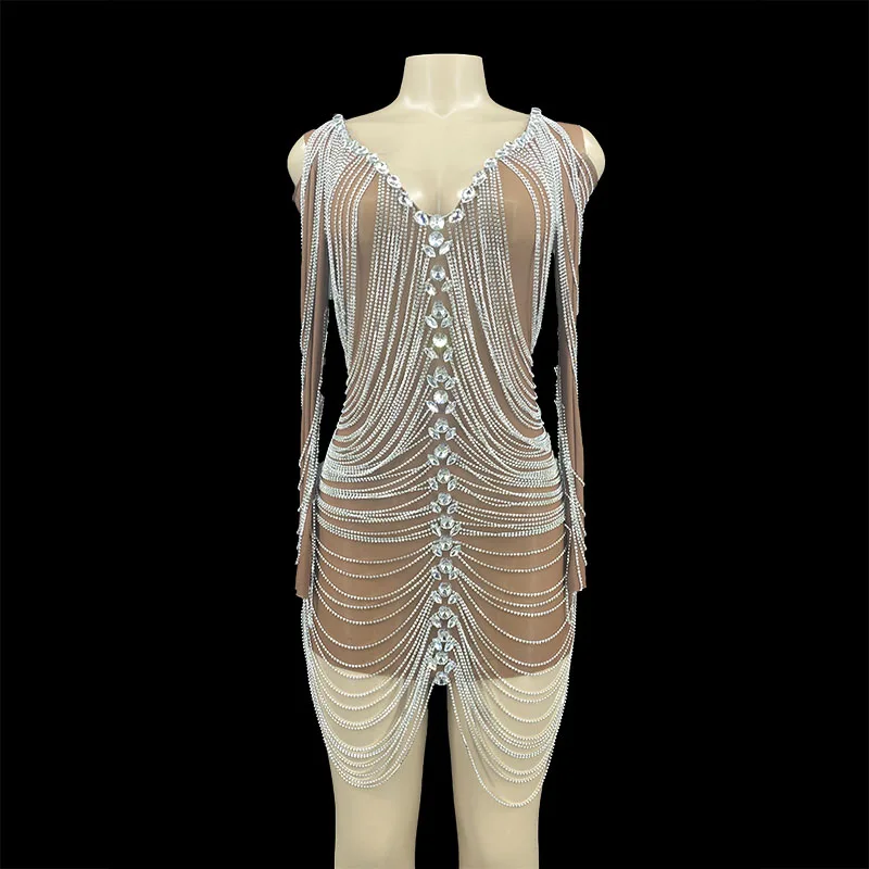New Sparkly Long Sleeve Silver Rhinestone Chain Brown Short Dress Evening Birthday Dress Transparent Outfit Sexy Stage Show Wear
New Sparkly Long Sleeve Silver Rhinestone Chain Brown Short Dress Evening Birthday Dress Transparent Outfit Sexy Stage Show Wear