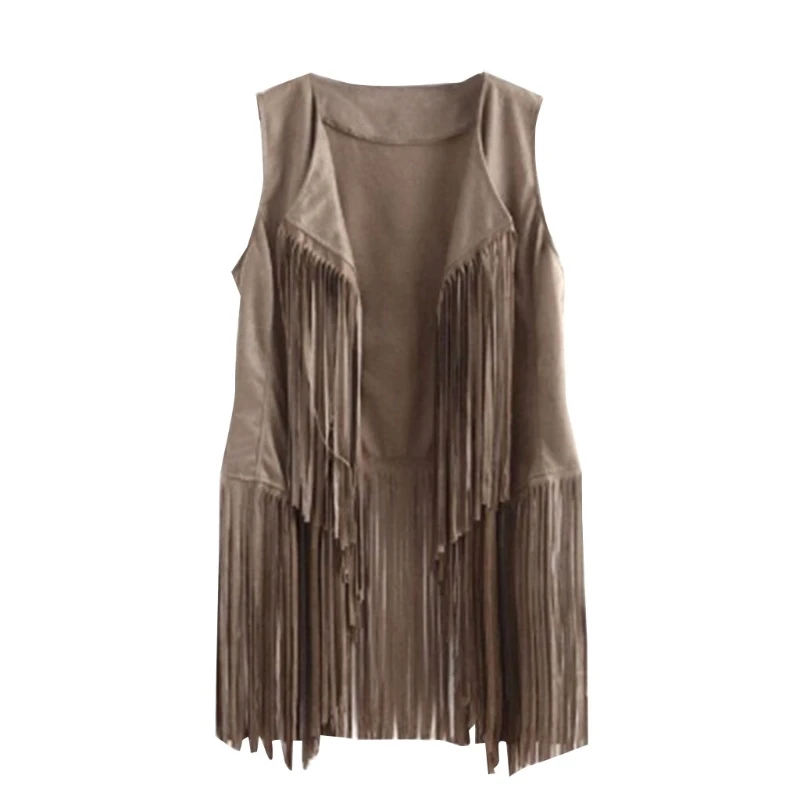 

Women Faux Suede Ethnic Sleeveless Jacket Long Fringe Tassels 70s Hippie Open Front Cardigan Vintage Waistcoat Vest Top