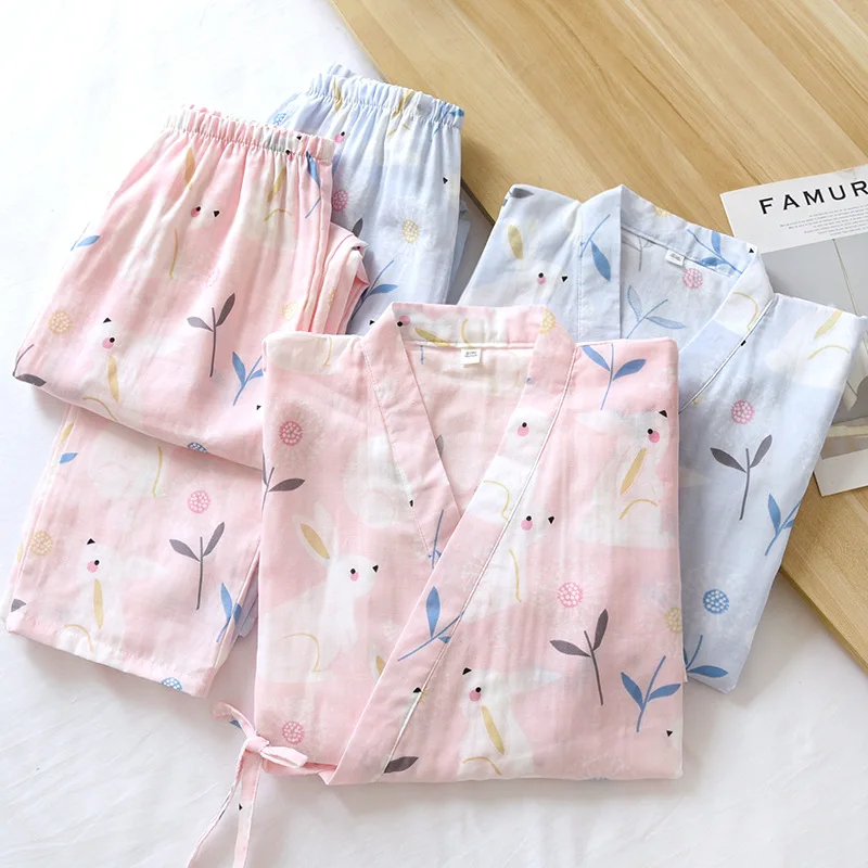Cotton Gauze Robe Sets Woman Japanese Kimono Bathrobe Pajama Rabbit Printed Yukata Nightgown Famale V-Neck Long Pants Loungewear
Cotton Gauze Robe Sets Woman Japanese Kimono Bathrobe Pajama Rabbit Printed Yukata Nightgown Famale V-Neck Long Pants Loungewear