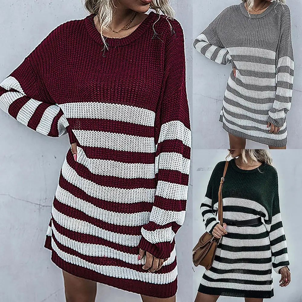 Pullover Women Dress Long Sleeve Striped Printed Round Neck Knit Loose Straight Ladies Midi Dress Autumn Spring Female Dress
Pullover Women Dress Long Sleeve Striped Printed Round Neck Knit Loose Straight Ladies Midi Dress Autumn Spring Female Dress