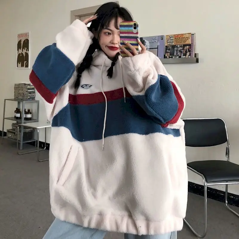 Winter Lamb Hoodies Sweatshirts Women Stripe Color Matching Coat Korean Fashion Jacket Harajuku Warm Streetwear Pullovers Tops
Winter Lamb Hoodies Sweatshirts Women Stripe Color Matching Coat Korean Fashion Jacket Harajuku Warm Streetwear Pullovers Tops