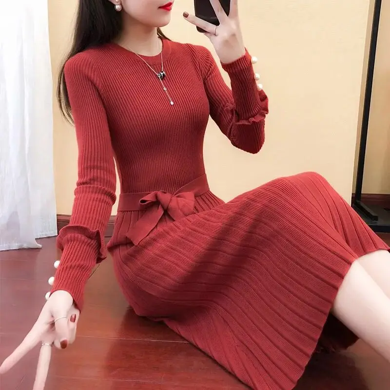 Women Sweater Dress Female Elastic Long Sleeve Elegant A-line Knitting Pleated Casual Tight Knit Dresses Autumn Winter | Женская одежда