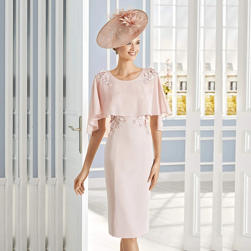 

Женское платье для матери невесты, Розовое Шифоновое Платье До Колена с круглым вырезом и рукавами-шальками для гостей свадьбы, 2023