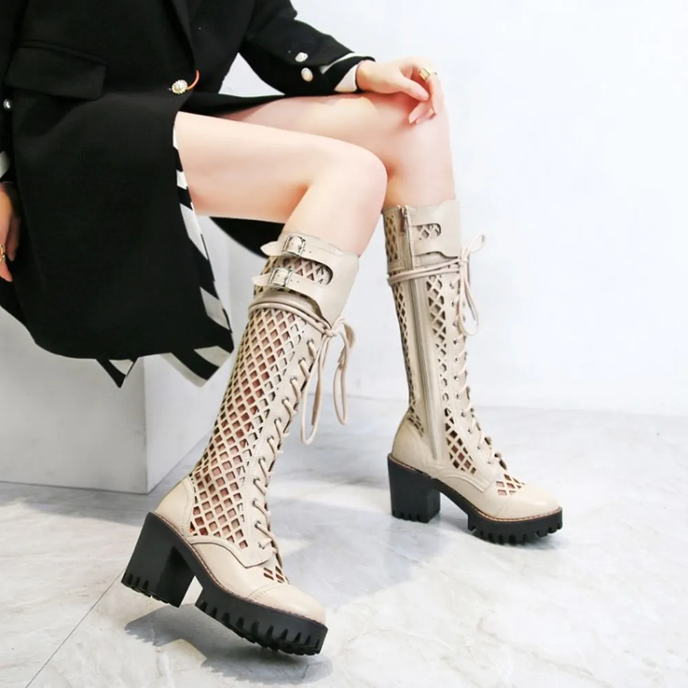 Womens Genuine Leather Holes Knee Thigh High Boots Sandal Chunky Heel Lace Up Platform Genuine Leather Shoes Breathable New 2021 
Womens Genuine Leather Holes Knee Thigh High Boots Sandal Chunky Heel Lace Up Platform Genuine Leather Shoes Breathable New 2021