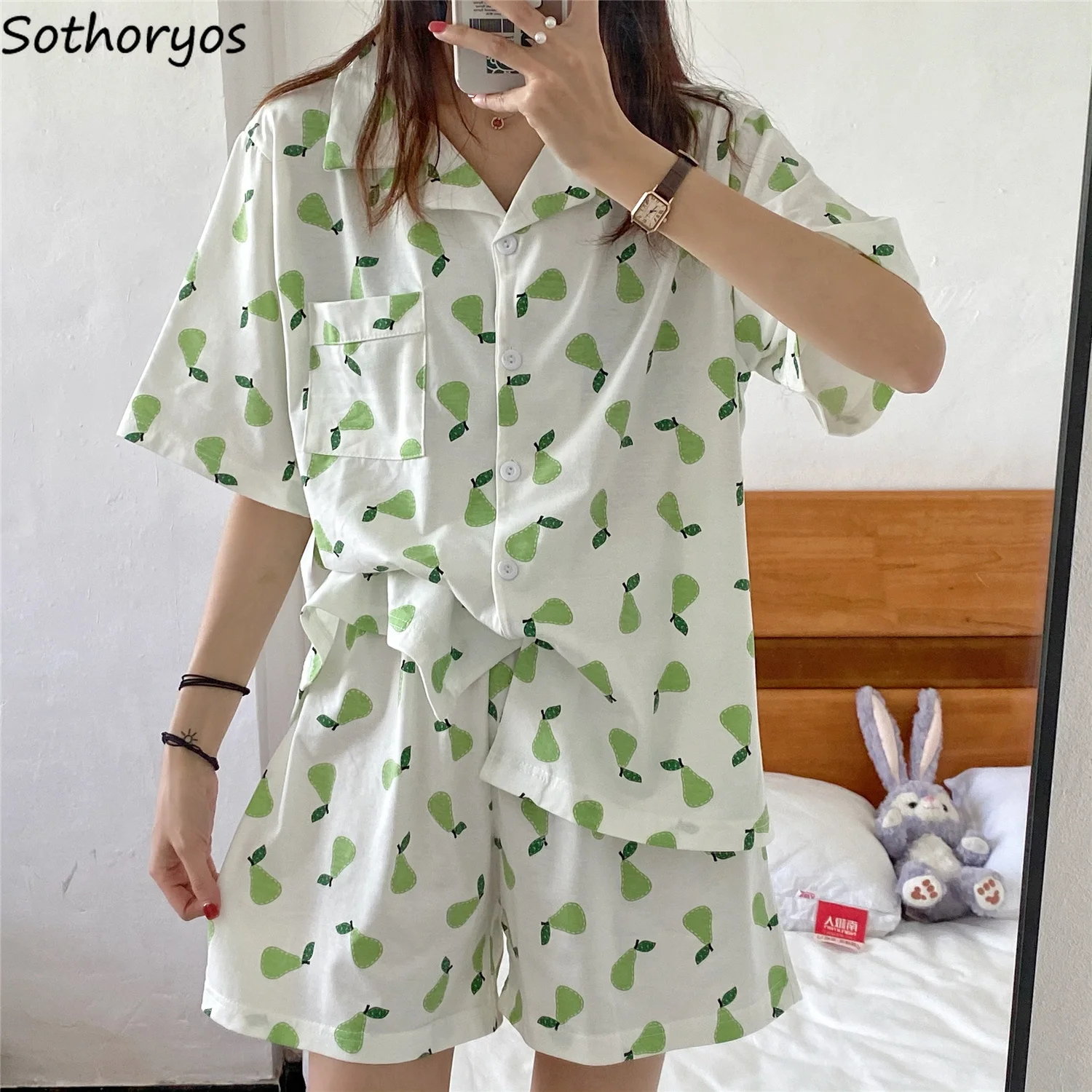Women Pajama Sets Short Sleeve Single Breasted Fruit Printed Loose Leisure Lounge Wear Lovely Japan Style Cozy Turn-down Collar
Women Pajama Sets Short Sleeve Single Breasted Fruit Printed Loose Leisure Lounge Wear Lovely Japan Style Cozy Turn-down Collar
