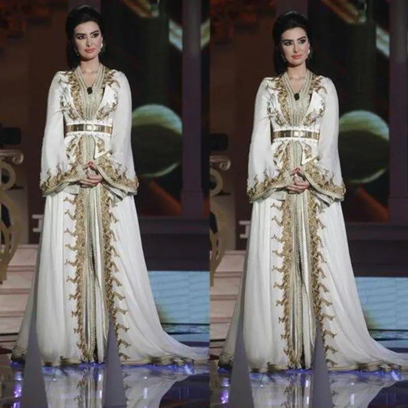 

Moroccan Caftan Kaftan Dubai Abaya Arabic Long Sleeve Evening Dresses Amazing Gold Embroidery V-neck Occasion Prom Formal Gown