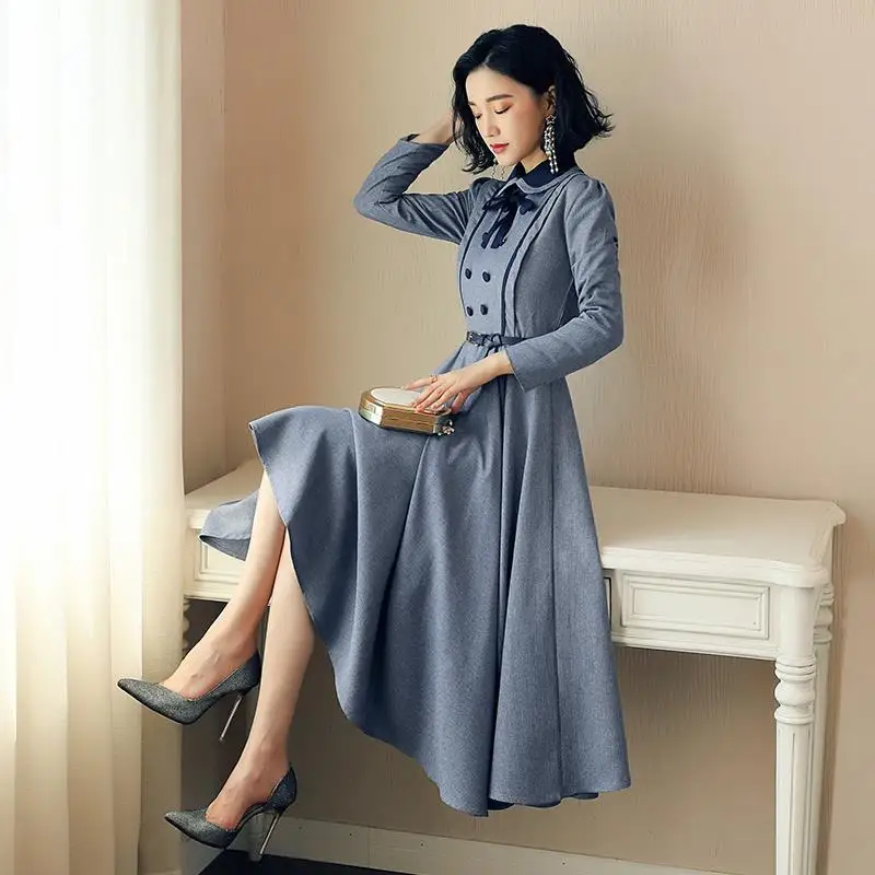 England Style Lady Blue Midi Dress Vintage Turn Down Collar Long Sleeve Plus Size Long Dresses With Belt For Elegant Women
England Style Lady Blue Midi Dress Vintage Turn Down Collar Long Sleeve Plus Size Long Dresses With Belt For Elegant Women