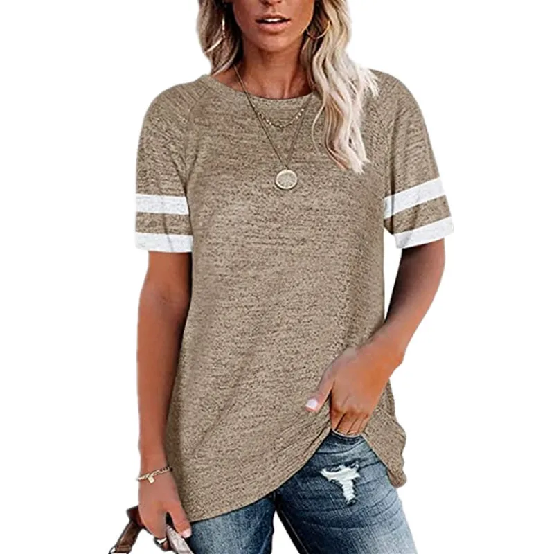 Summer Loose Casual T Shirt Women Striped Patchwork Short Sleeve T-shirts Fashion Round Neck Pure Color Basic Ladies Tee 2021
Summer Loose Casual T Shirt Women Striped Patchwork Short Sleeve T-shirts Fashion Round Neck Pure Color Basic Ladies Tee 2021