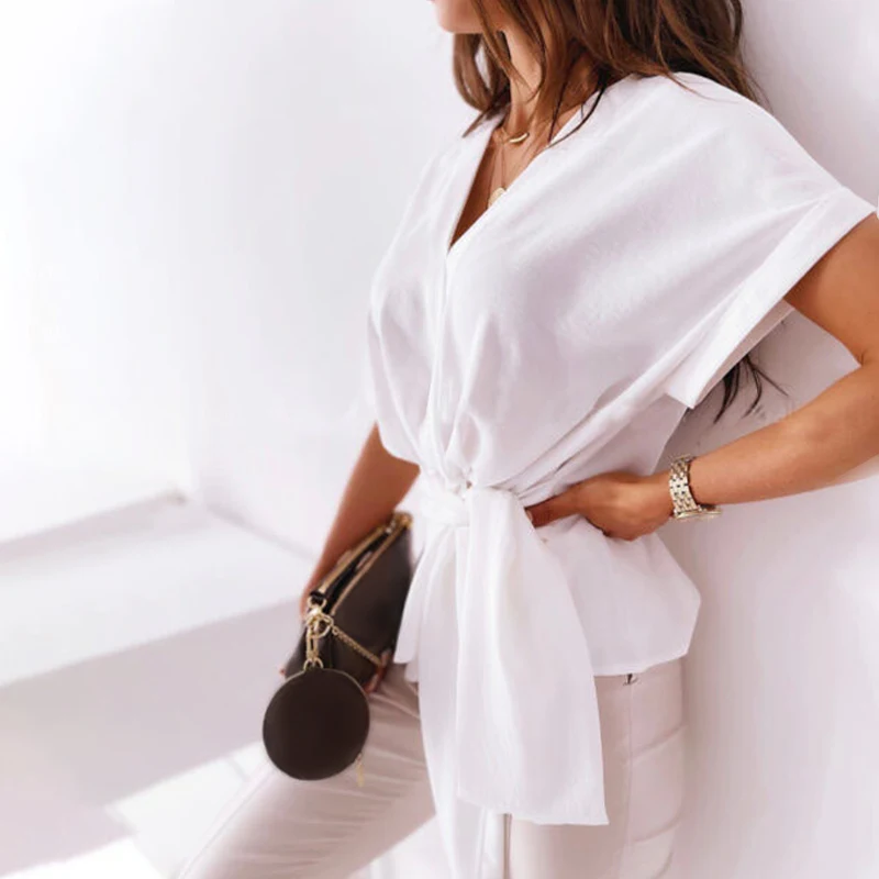 Loose Women V-neck Blouse Solid Short Sleeve Waist Bandage Ruffle Hem Female Tops 2021 Summer Casual Office lady Lace Up Blouses
Loose Women V-neck Blouse Solid Short Sleeve Waist Bandage Ruffle Hem Female Tops 2021 Summer Casual Office lady Lace Up Blouses
