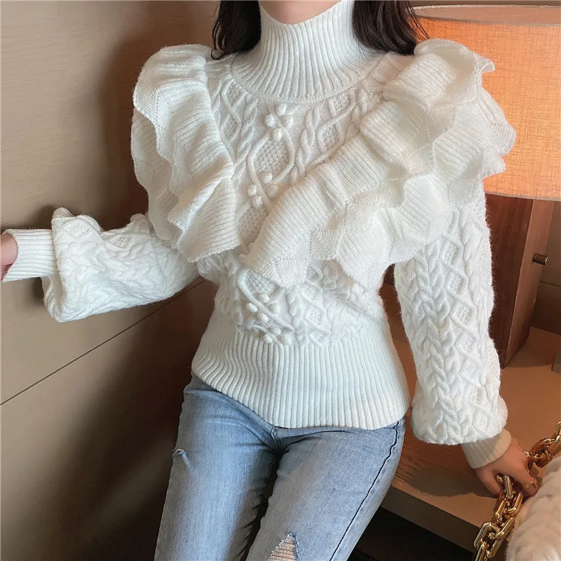 Женский свитер-водолазка Lugentolo, вязаный Однотонный свитер с рукавами-фонариками и оборками в Корейском стиле 
Женский свитер-водолазка Lugentolo, вязаный Однотонный свитер с рукавами-фонариками и оборками в Корейском стиле