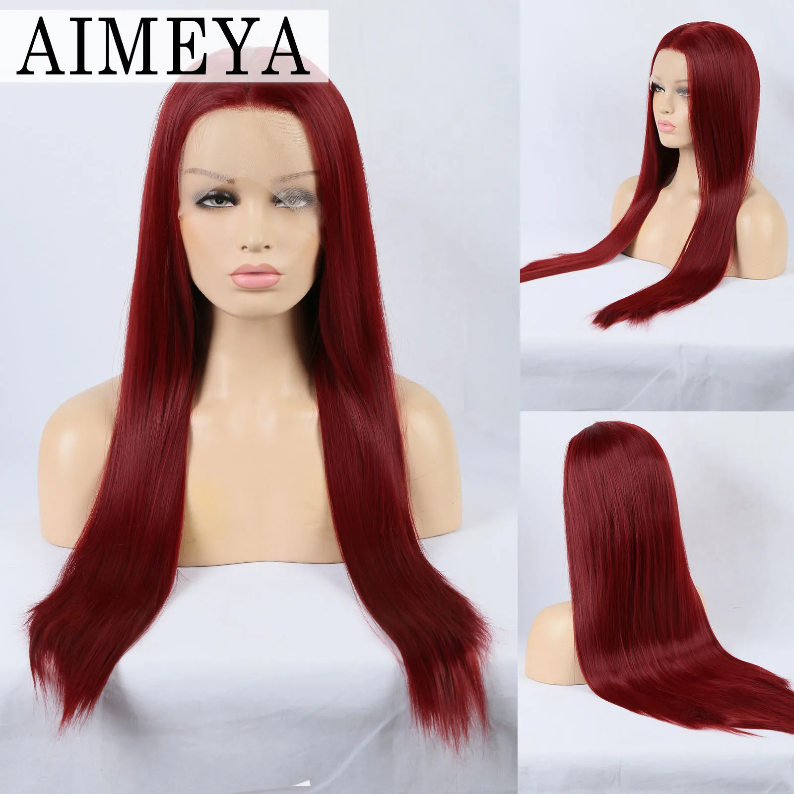 

AIMEYA Burgundy Lace Front Wigs for Women Wine Red Synthetic Wig Long Silky Straight Glueless Heat Resistant Fiber Hair Wig