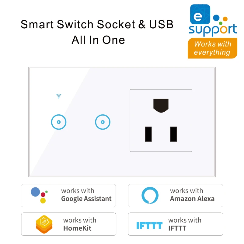 WiFi US Standard Socket and Smart Switch 1 2 3 Gang Wall Touch Light Switch Work with Alexa Google Home 90-240V
WiFi US Standard Socket and Smart Switch 1 2 3 Gang Wall Touch Light Switch Work with Alexa Google Home 90-240V
