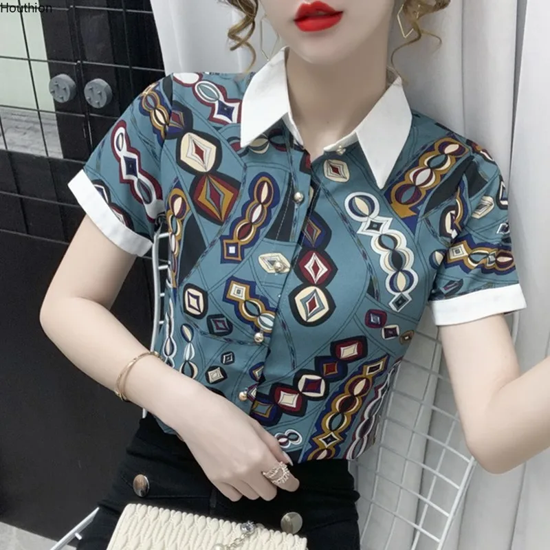 Houthion Chiffon Slim Women's Blouses Fashion Short Sleeve Top Geometry Buttons Polo Shirt Summer New Casual Blouse
Houthion Chiffon Slim Women's Blouses Fashion Short Sleeve Top Geometry Buttons Polo Shirt Summer New Casual Blouse