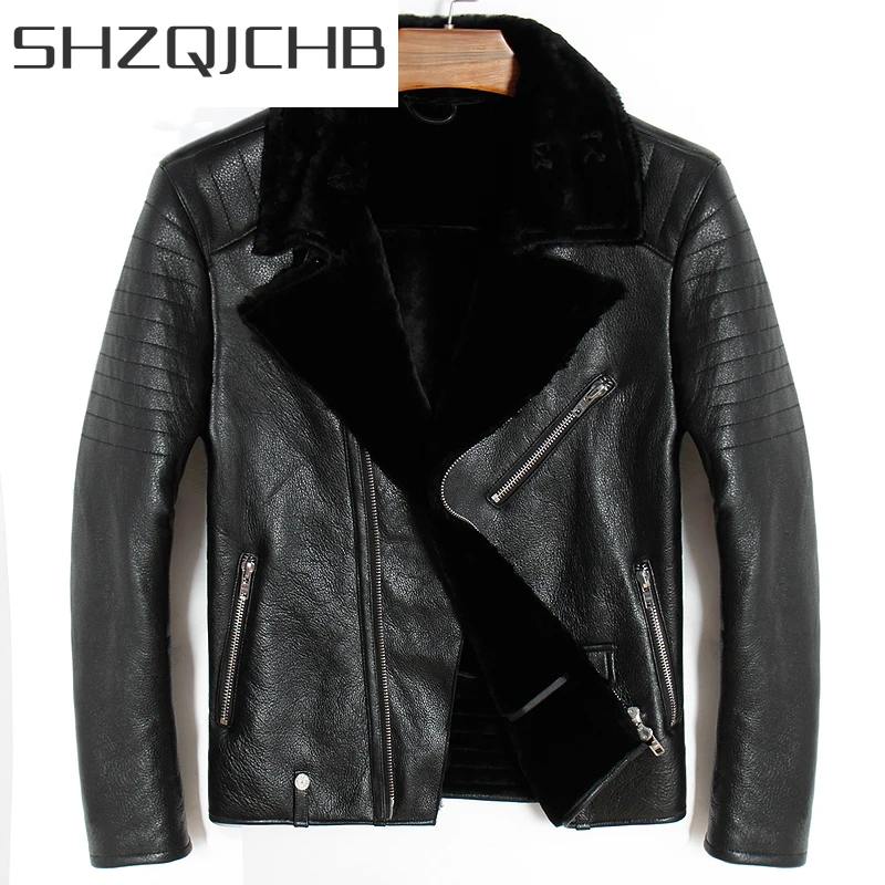 

SHZQ 100% куртка из натуральной кожи мужское зимнее пальто из натуральной овчины кашемировая подкладка куртка-бомбер из овчины байкерская курт...