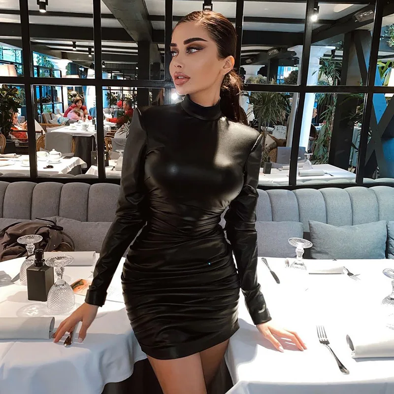 Woman Sexy Erotic Mini Dress Black Leather Ruched Turtleneck Long Sleeve Bodycon Bandage Porno Party Night Clubwear Tube Dress
Woman Sexy Erotic Mini Dress Black Leather Ruched Turtleneck Long Sleeve Bodycon Bandage Porno Party Night Clubwear Tube Dress