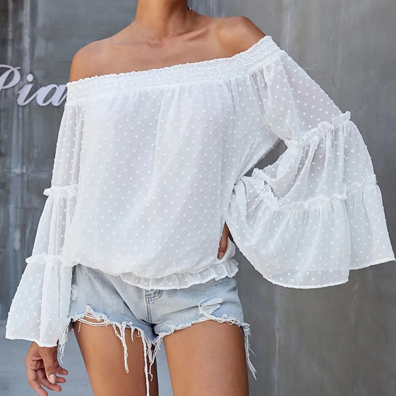 Fashion Blouse Summer Ladies Off Shoulder Tops Women One-Way Collar Loose Speaker Long-Sleeve Chiffon Shirt
Fashion Blouse Summer Ladies Off Shoulder Tops Women One-Way Collar Loose Speaker Long-Sleeve Chiffon Shirt