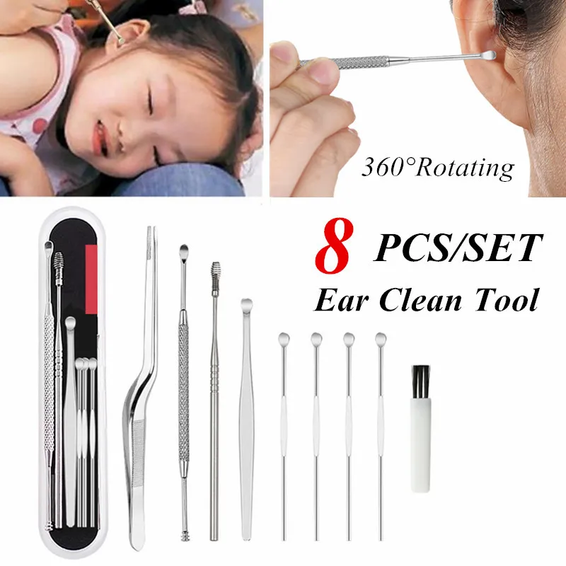 

6/7/8PCS Ear Cleaner Earwax Removal Tool Earpick Curette Reusable Ear Cleaning Wax Remover Spring Spoon Pick Cleanser Care