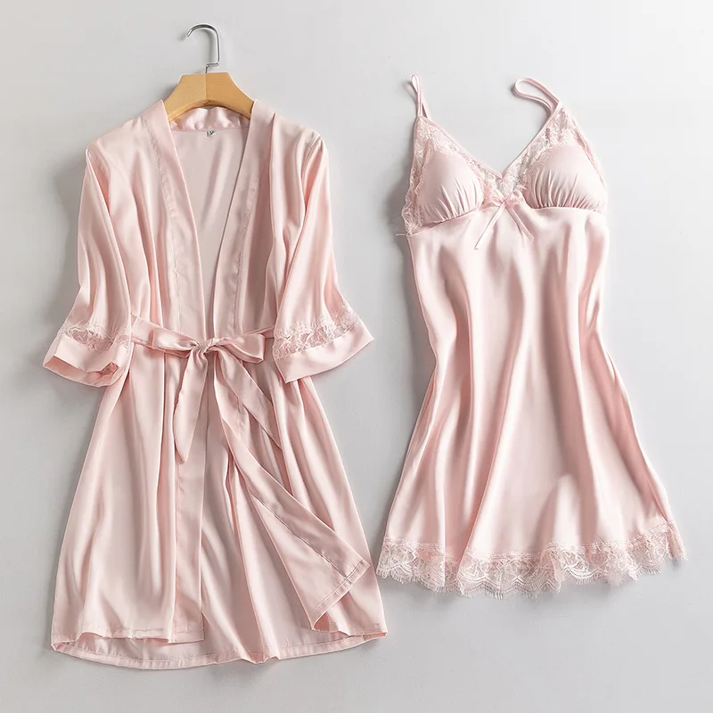 Lace Hollow Out Robe Set Women V-neck 2PCS Sleepwear Summer Nighty&Robe Set Pink Satin Kimono Gown Loose Home Dressing Gown 
Lace Hollow Out Robe Set Women V-neck 2PCS Sleepwear Summer Nighty&Robe Set Pink Satin Kimono Gown Loose Home Dressing Gown