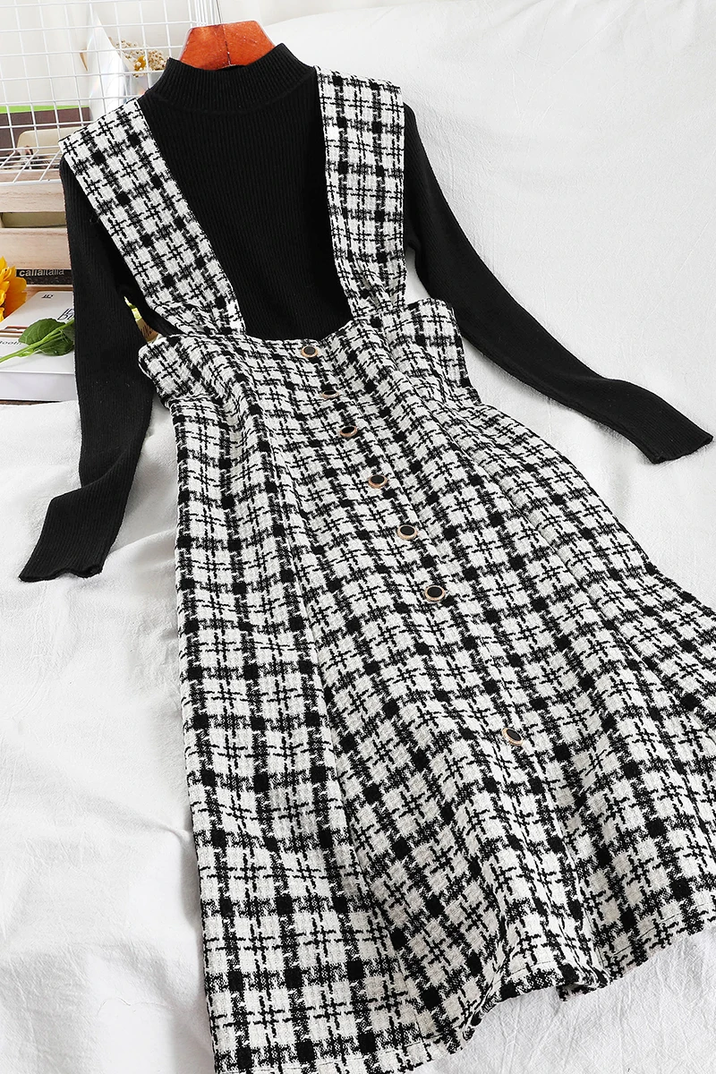 2021 New Dress Plaid Suspender Skirt Bottoming Black Sweater Sweater Two-piece Long Skirt Autumn and Winter Women's Fashion
2021 New Dress Plaid Suspender Skirt Bottoming Black Sweater Sweater Two-piece Long Skirt Autumn and Winter Women's Fashion