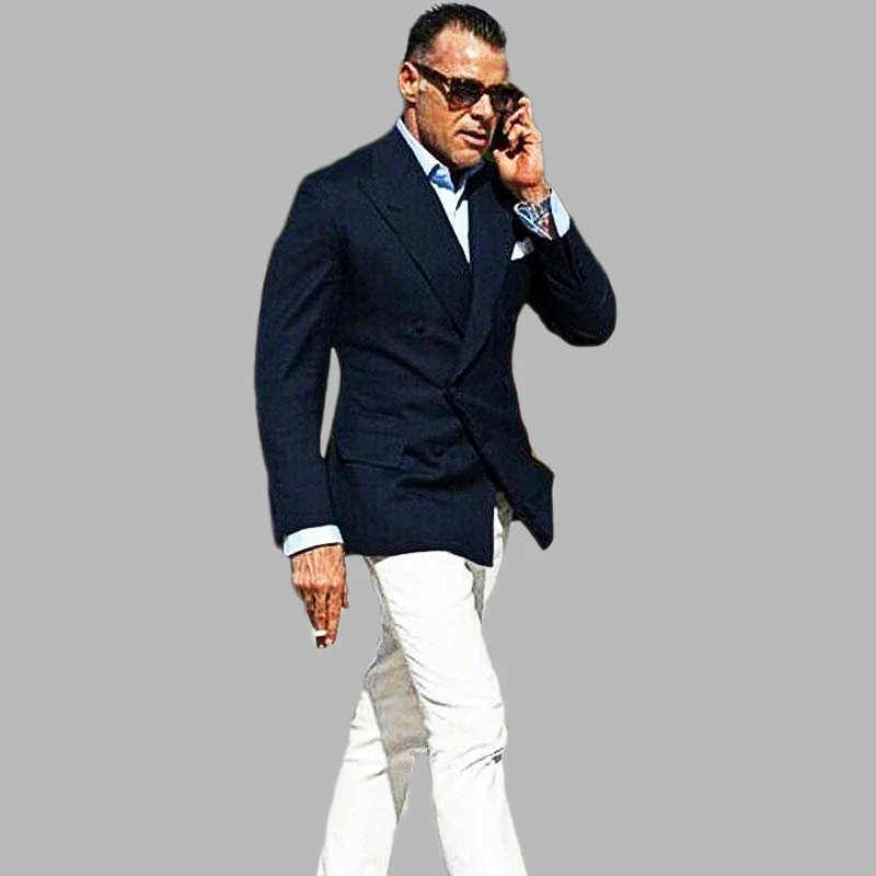 Peaked Lapel Navy Blue Coat Business Men Suits White Pants Tuxedo Groom Suits For Men Wedding Men Outfit 2Pcs Homme Masculino
Peaked Lapel Navy Blue Coat Business Men Suits White Pants Tuxedo Groom Suits For Men Wedding Men Outfit 2Pcs Homme Masculino