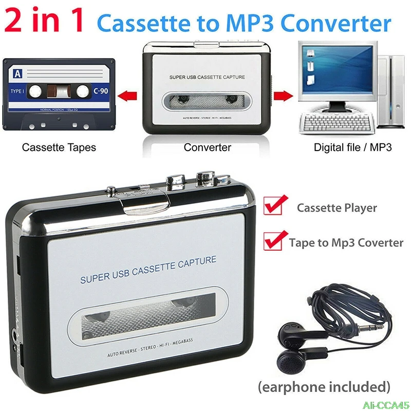 USB2.0 Portable Tape to PC Super Cassette To MP3 Audio Music CD Digital Player Converter Capture Recorder +Headphone
USB2.0 Portable Tape to PC Super Cassette To MP3 Audio Music CD Digital Player Converter Capture Recorder +Headphone