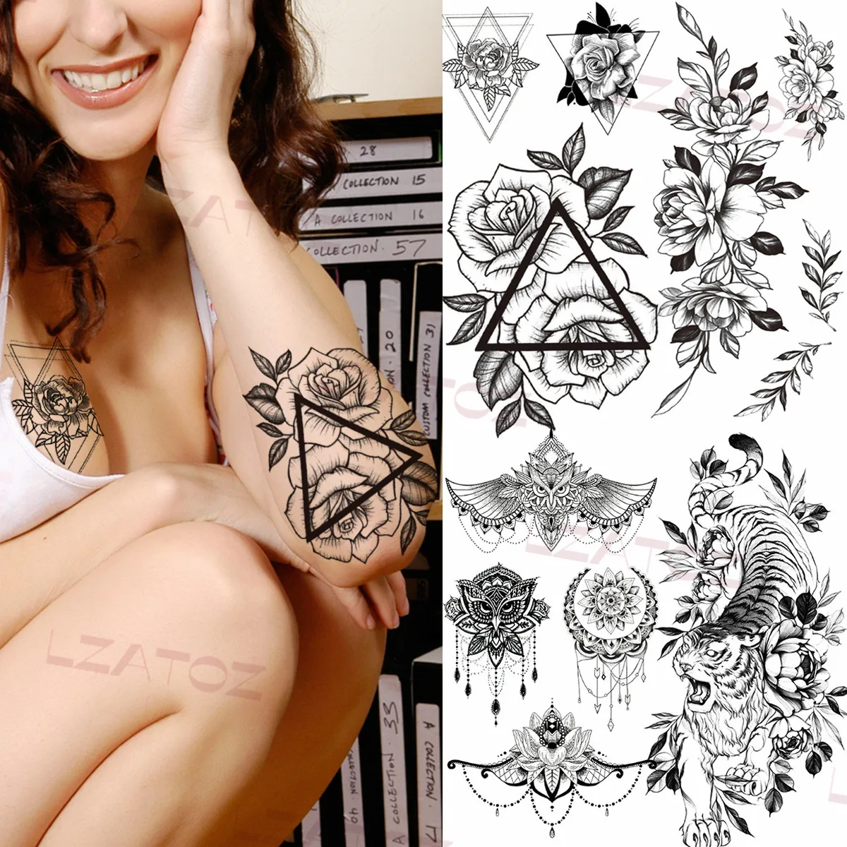 

Сексуальные геометрические розы, временные татуировки для женщин, девушек, кулон, пион, тигр, Реалистичная поддельная татуировка, моющиеся ...