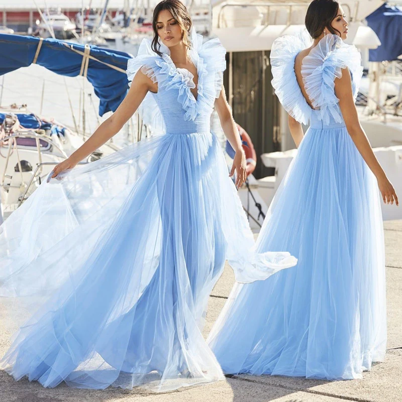 Sexy Sky Blue Evening Dress Long 2021 Deep V Neck Ruffles A Line Prom Dresses Backless Formal Wedding Party Gowns Robe De Soiree
Sexy Sky Blue Evening Dress Long 2021 Deep V Neck Ruffles A Line Prom Dresses Backless Formal Wedding Party Gowns Robe De Soiree