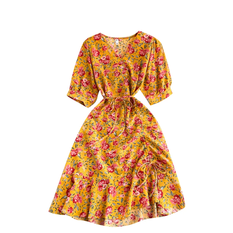 Women French Floral Dress Sweet Puff Sleeve V Neck Drawstring A-line Dresses Summer Boho Print Vacation Beach Sundress 
Women French Floral Dress Sweet Puff Sleeve V Neck Drawstring A-line Dresses Summer Boho Print Vacation Beach Sundress
