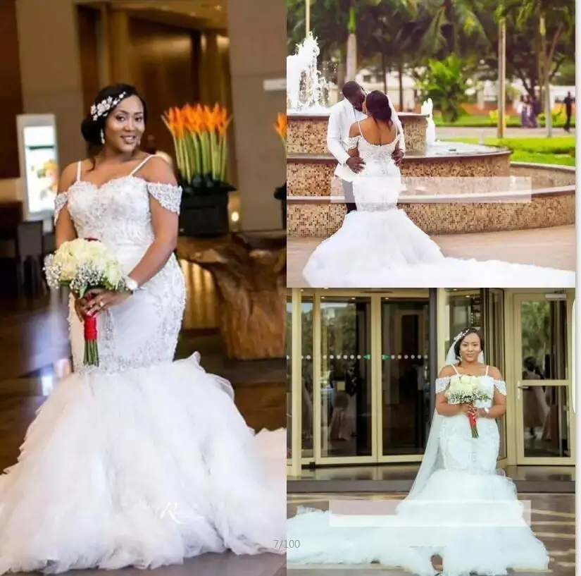 African Plus Size Wedding Dresses Spaghetti Straps Lace Appliques Beading Mermaid Wedding gowns Tiered Tulle skirt Long Bridal
African Plus Size Wedding Dresses Spaghetti Straps Lace Appliques Beading Mermaid Wedding gowns Tiered Tulle skirt Long Bridal