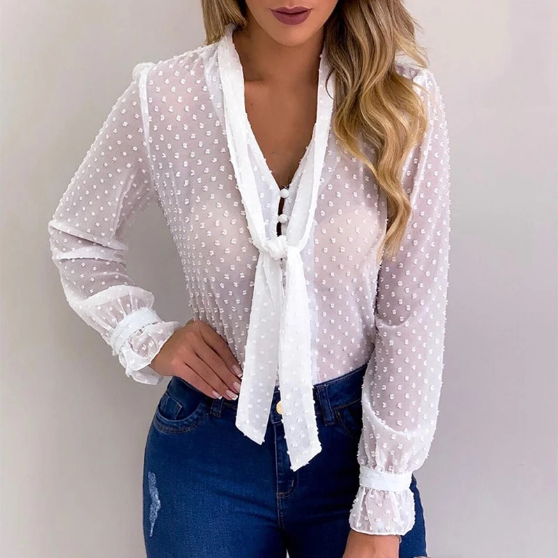 Womens Polka Dot Tops And Blouses Fashion Button Tie Long Sleeve Shirt Sexy See Through Women Sexy Shirt Transparent Top
Womens Polka Dot Tops And Blouses Fashion Button Tie Long Sleeve Shirt Sexy See Through Women Sexy Shirt Transparent Top