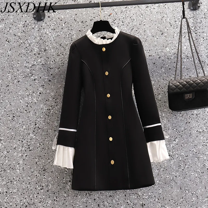 JSXDHK Autumn Women Stand Collar Dress Elegant Ruffled Collar Bow Flare Sleeve Patchwork Single Breasted Female Black Dresses
JSXDHK Autumn Women Stand Collar Dress Elegant Ruffled Collar Bow Flare Sleeve Patchwork Single Breasted Female Black Dresses