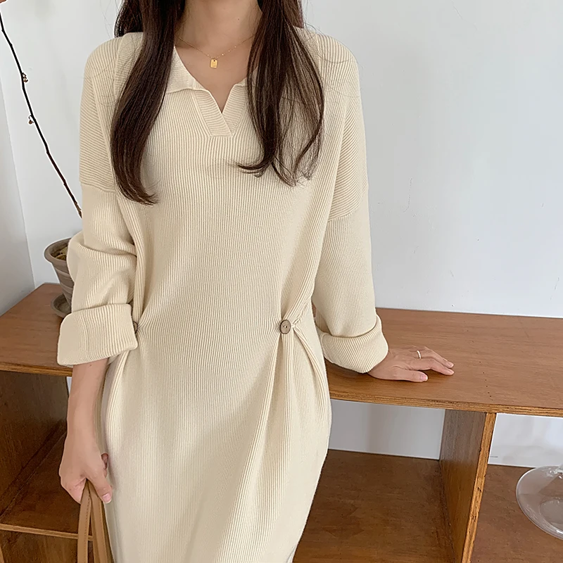 2021 Women Knitted Dress Autumn Winter Solid Vestidos Long Sleeve Lady Chic Korean Dress