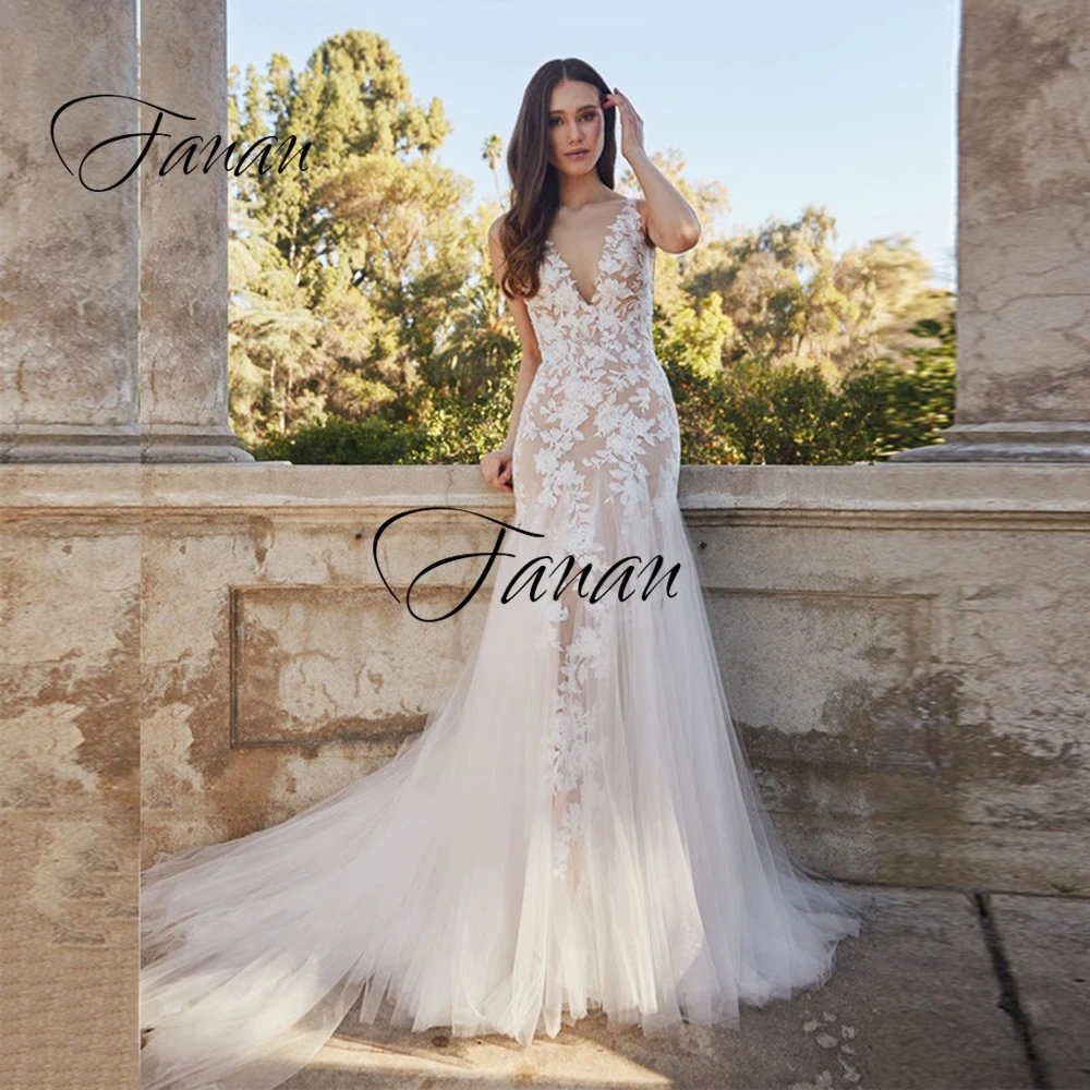 Sexy Deep V-Neck Mermaid Wedding Dresses Lace Appliques 3D Flowers Tulle Spaghetti Straps Bridal Gown robe de soirée de mariage
Sexy Deep V-Neck Mermaid Wedding Dresses Lace Appliques 3D Flowers Tulle Spaghetti Straps Bridal Gown robe de soirée de mariage